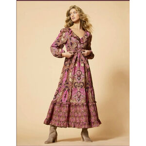 Women's A Loves A Paisley Print Ruffle Maxi Dress S Pink Brown Puff Sleeve